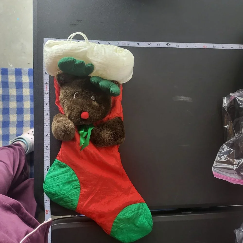 Vintage Rudolph Reindeer Red Nose Plush Nylon‎ 3D Puffy Parachute Stocking